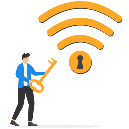 Young mobile user connect to wifi network with padlock encryption  Illustration