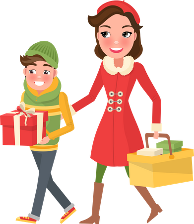 Young Mom and Boy doing Christmas shopping  Illustration