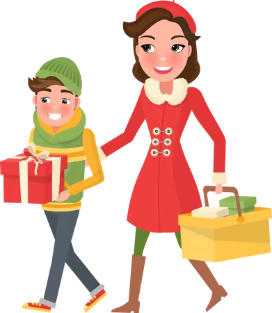 Young Mom And Boy With Wrapped Gift Boxes And Packages With Presents Cartoon Style Female Customers Isolated Mother And Son Do Shopping Together Illustration
