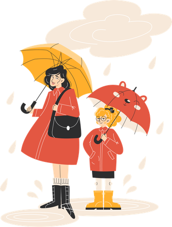 Young Mother and Child Walking in the Rain with Umbrellas  Illustration