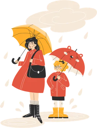 Young Mother and Child Walking in the Rain with Umbrellas  Illustration