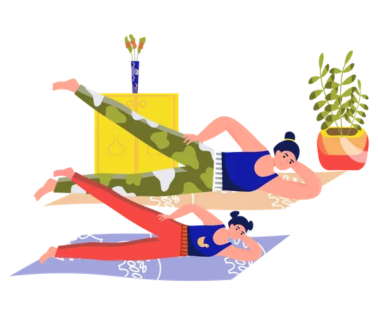 Young mother and daughter doing yoga  Illustration