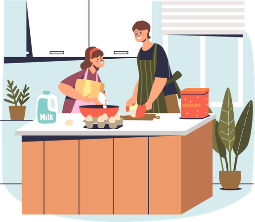 Young mother and daughter making food  Illustration