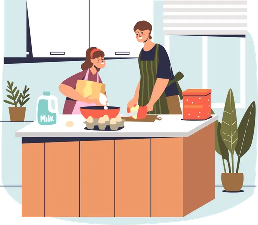 Young mother and daughter making food  Illustration