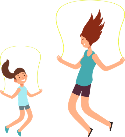 Young mother and daughter skipping together Illustration