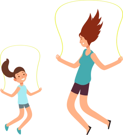 Young mother and daughter skipping together Illustration