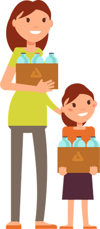 Young mother and girl holding plastic bottle box  Illustration