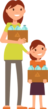 Young mother and girl holding plastic bottle box  Illustration
