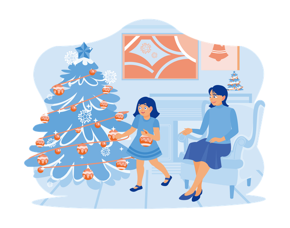 Young mother and her little daughter decorate the Christmas tree together at home  Ilustração
