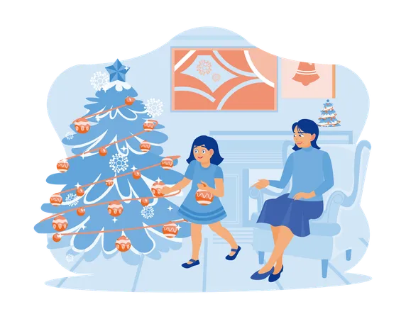 Young mother and her little daughter decorate the Christmas tree together at home  Illustration