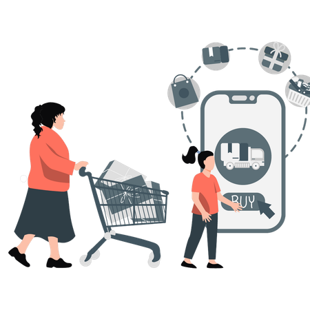 Young mother and his daughter doing online shopping  Illustration