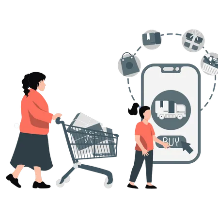 Young mother and his daughter doing online shopping  Illustration