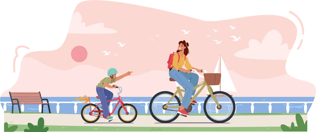 Young Mother and Son Riding Bicycle Illustration