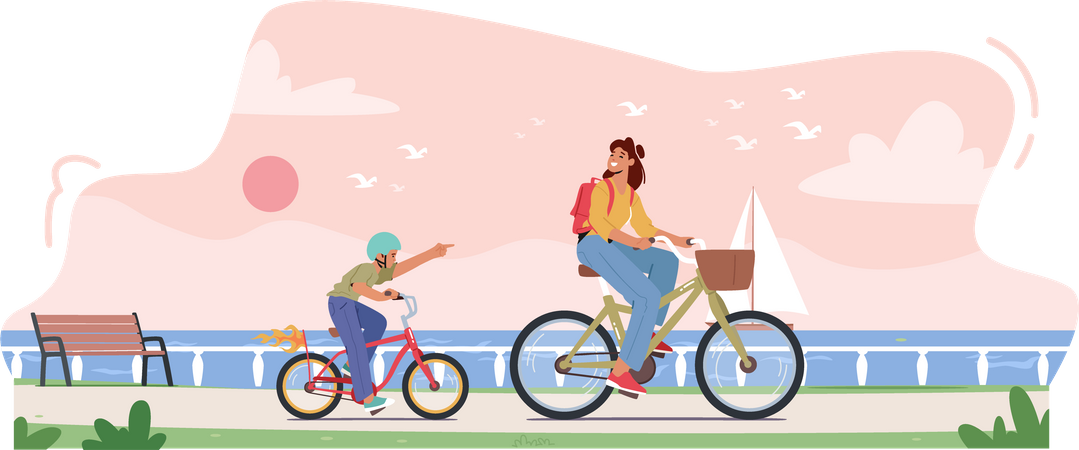 Young Mother and Son Riding Bicycle  Illustration