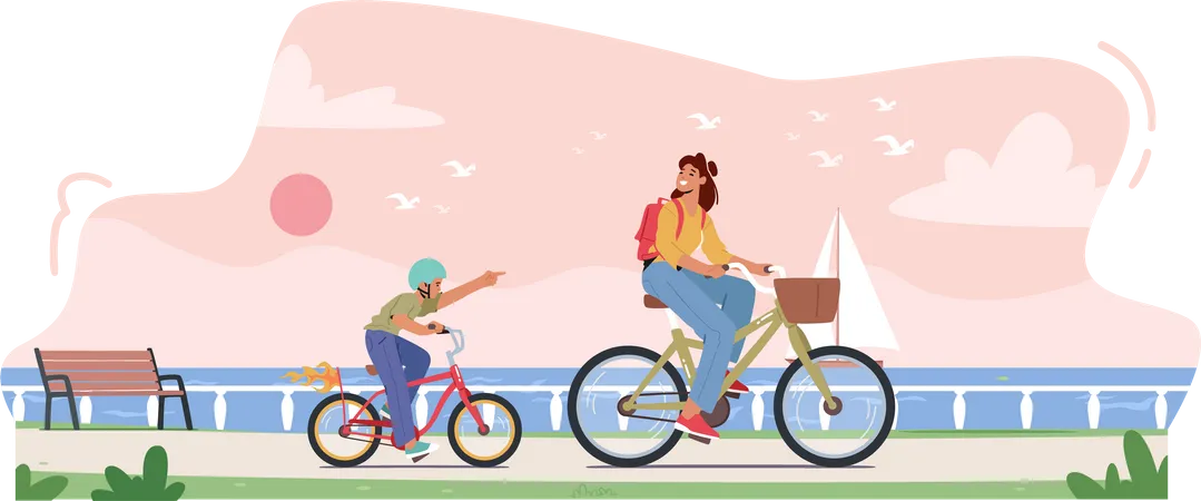 Young Mother and Son Riding Bicycle  Illustration