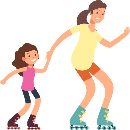 Young mother doing skating with her daughter  Illustration