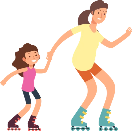 Young mother doing skating with her daughter  イラスト