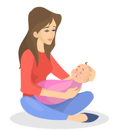 Young mother holding a sleeping newborn child Illustration