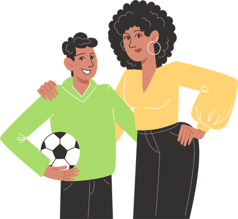 Young mother hugging her son holding  soccer ball  Illustration