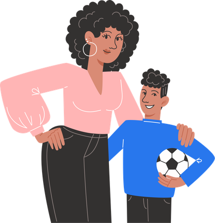 Young mother hugging her son holding soccer ball  Illustration