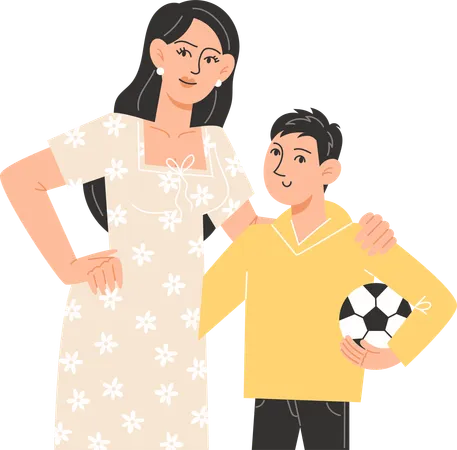 若い母親がサッカーボールを持った息子を抱きしめる  イラスト