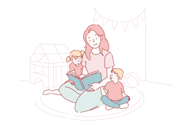 Young mother reading fairy tales to her son and daughter  Illustration