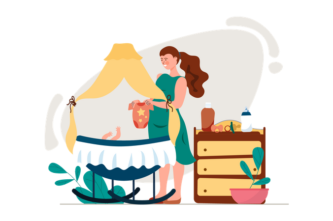 Young Mother taking care of newborn baby  Illustration