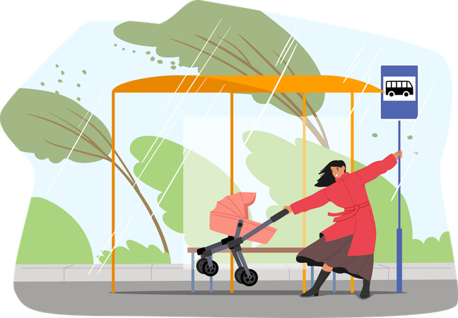 Young mother with baby stroller pushed by strong wind hiding under covered bus stop from rainfall  Illustration