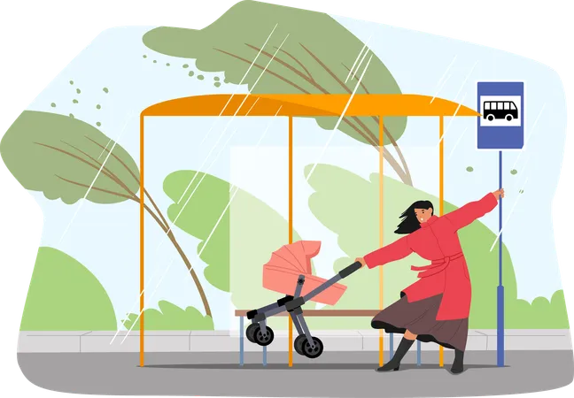 Young mother with baby stroller pushed by strong wind hiding under covered bus stop from rainfall  Illustration