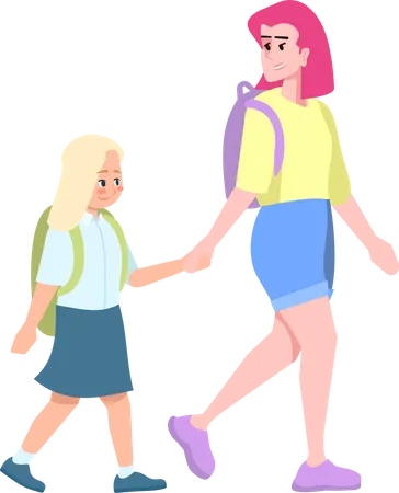 Young mother with blonde daughter going to school  Illustration