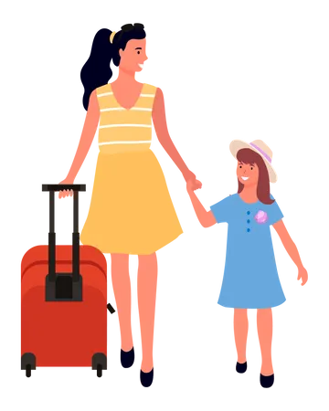 Young Mother with daughter at airport  Illustration