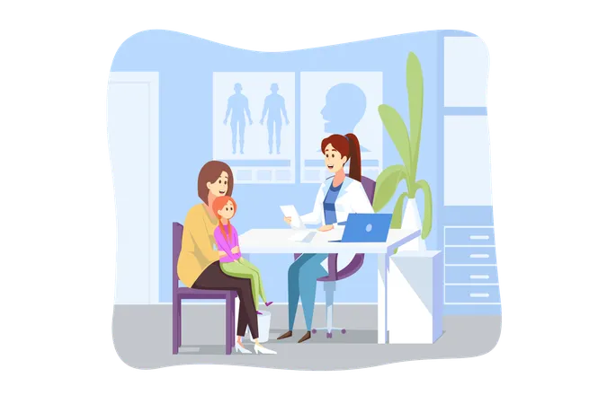 Motherhood Childhood Examination Medicine Concept Young Woman Mother With Child Kid Daughter Cartoon Characters Sit In Doctor Pediatrician Cabinet At Hospital Healthcare And Medical Appointment Illustration
