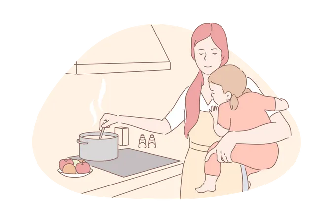 Happy Motherhood Babysitting Housework Concept Young Mother With Little Daughter Cooking Food Smiling Woman With Toddler On Kitchen Professional Nanny Housewife Chores Simple Flat Vector Illustration