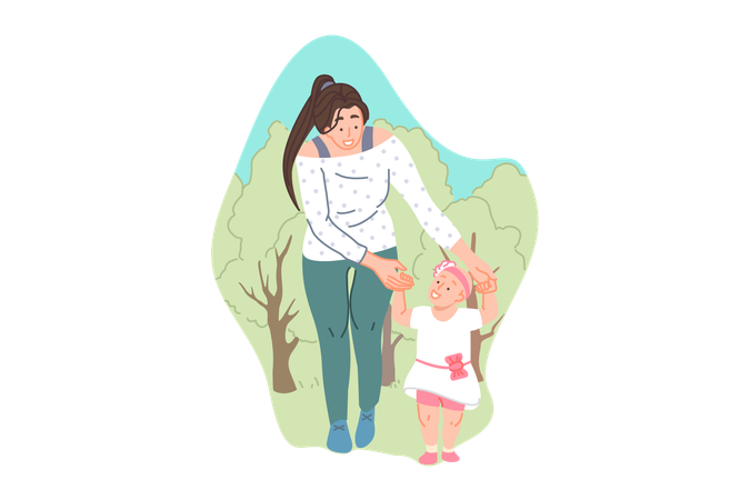 Young mother with little daughter on outdoor stroll in park  Illustration