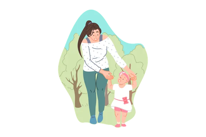 Young mother with little daughter on outdoor stroll in park  Illustration