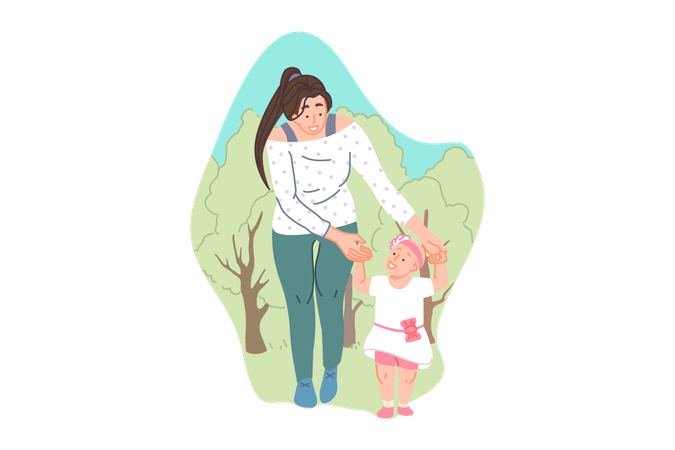 Young mother with little daughter on outdoor stroll in park  イラスト