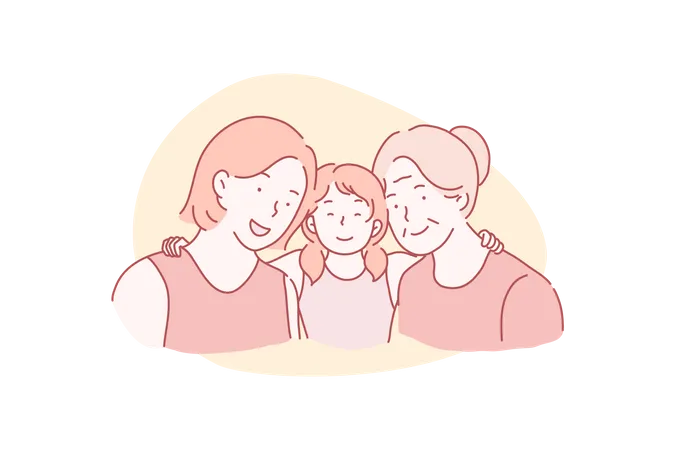 Young mother with small daughter and grandmother hugging together  Illustration