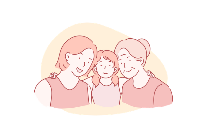 Young mother with small daughter and grandmother hugging together  Illustration