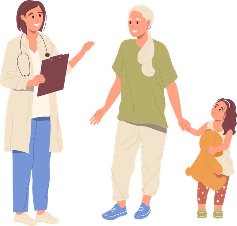 Young mother with toddler daughter talking to family doctor  Illustration