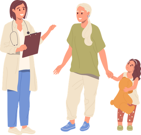 Young mother with toddler daughter talking to family doctor  Illustration