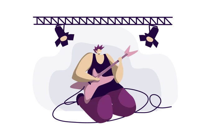 Young Musician Band Member Playing Electric Guitar Woman With Iroquois Guitarist Solo Punk Rock Music Show Metal Concert Stage Performance Concept Cartoon Sketch Flat Vector Illustration Illustration