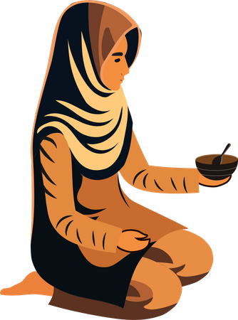 Young Muslim Woman Holding Bowl With Spoon  Illustration