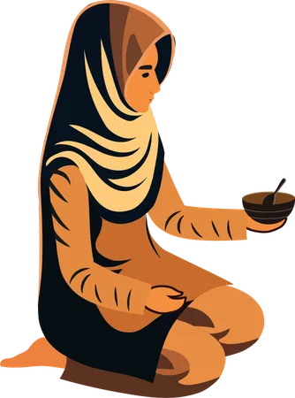 Young Muslim Woman Holding Bowl With Spoon  Illustration