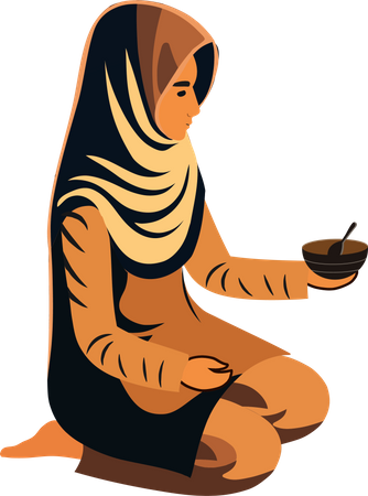 Young Muslim Woman Holding Bowl With Spoon  Illustration