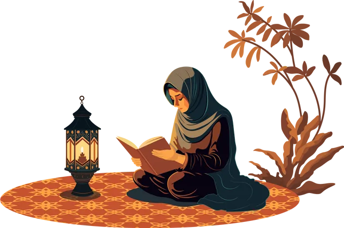Young Muslim Woman Character Reading Holy Book With Illuminated Arabic Lamp Ramadan Kareem Concept Illustration