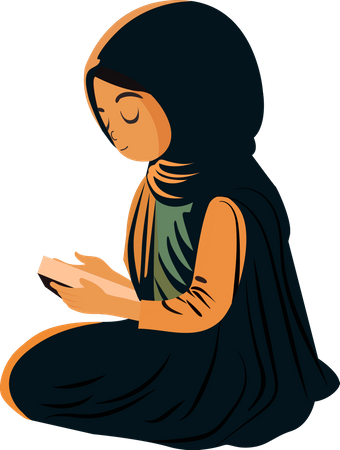 Young Muslim Woman Reading Quran Book Illustration