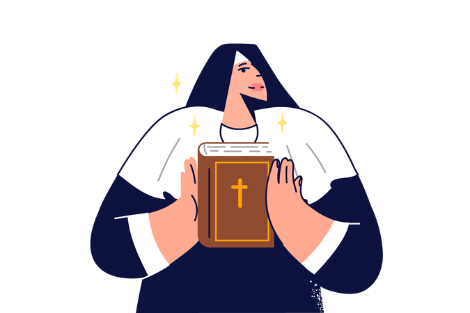 Young nun holding holy bible in hands and demonstrates main Christian book to parishioners  Illustration