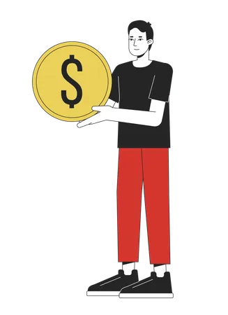 Young Optimistic Man Holding Golden Coin Flat Line Color Vector Character Editable Outline Full Body Person Accumulate Money On White Simple Cartoon Spot Illustration For Web Graphic Design Illustration
