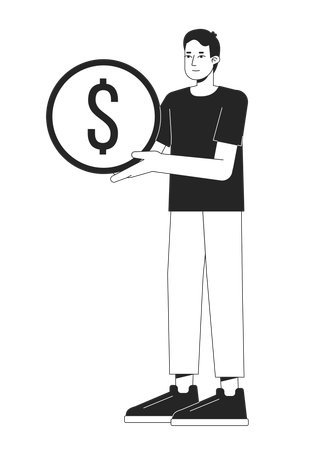 Young optimistic man holding golden coin  Illustration