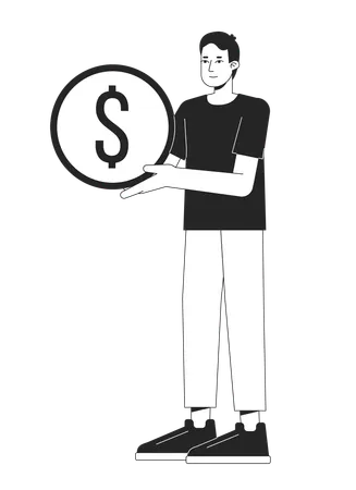 Young Optimistic Man Holding Golden Coin Flat Line Black White Vector Character Editable Outline Full Body Person Accumulate Money Simple Cartoon Isolated Spot Illustration For Web Graphic Design Illustration